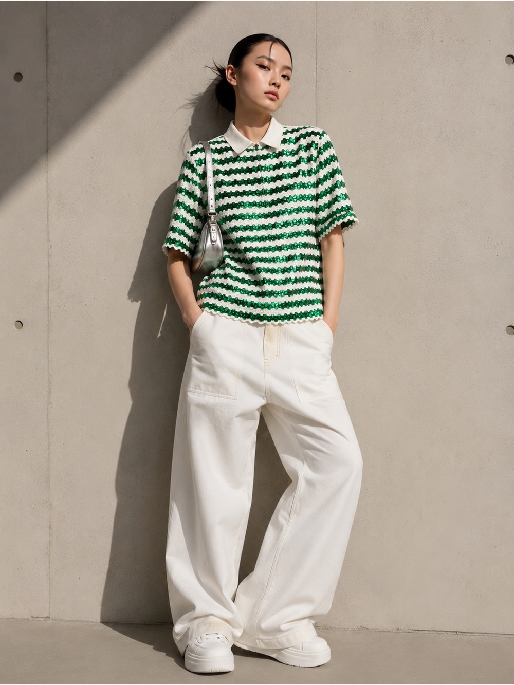 NWOT Greedilous Korean Designer Sequin Wavy Stripe Polo Top Large